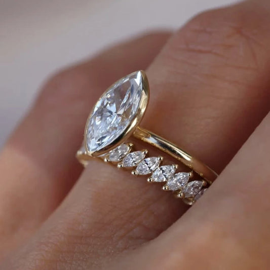 2PC S925 Sterling Silver Marquise 3ct Moissanite Ring Fine Jewelry Suitable for Gift Giving Personalized Fashion Birthday Gift