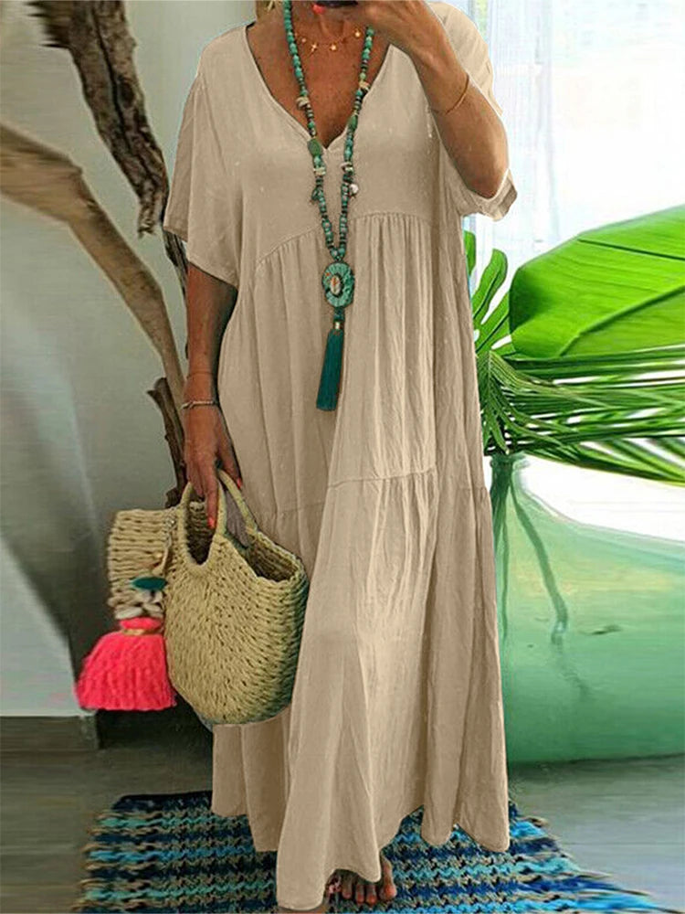 Plus Size Women's Casual Loose Ankle Length Dress V Neck Polyester