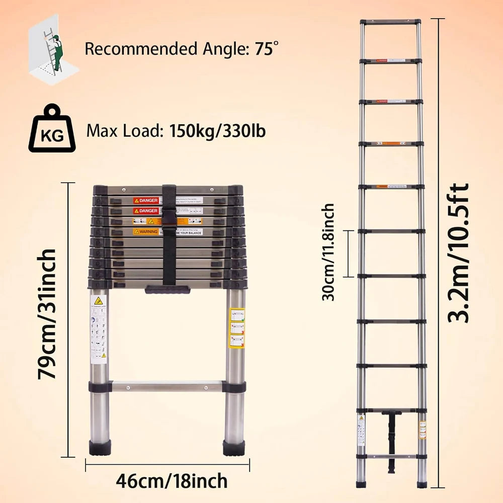 Extendable Telescopic Ladder 2.6M to 5M Heavy Duty Multi Purpose Folding Stainless Steel Portable Loft Ladder Tool