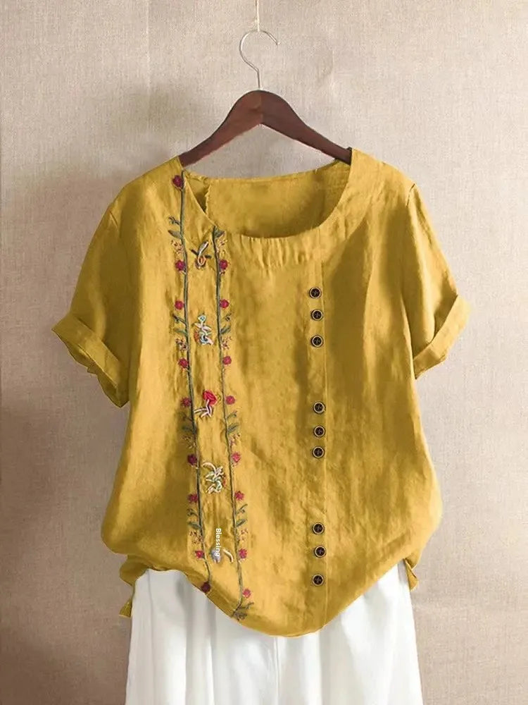 Retro Cotton Linen Short Sleeve Embroidered Flower Women's T Shirt Crew Neck Plus Size Shirt from Mainland China