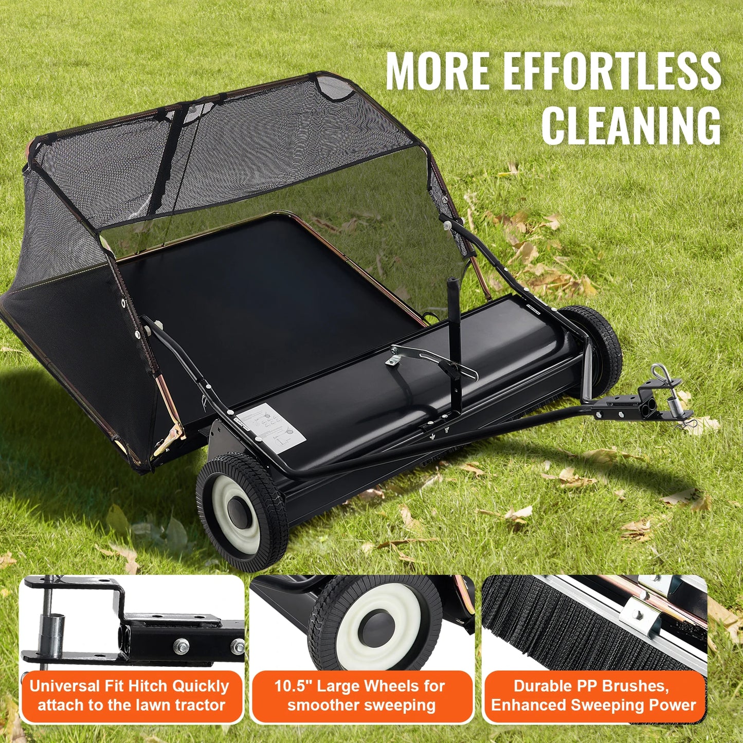 SucceBuy 42-inch Lawn Sweeper Tow Behind 12 cu.ft.Heavy Duty Leaf Grass Collector Adjustable Height for Picking Up Debris Grass