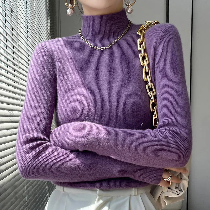 Autumn Winter Women Sweater Slim Fit High Strecth Pullovers  Long Sleeve Inner Wear Mock Neck Knitted Tops Korean Fashion Jumper