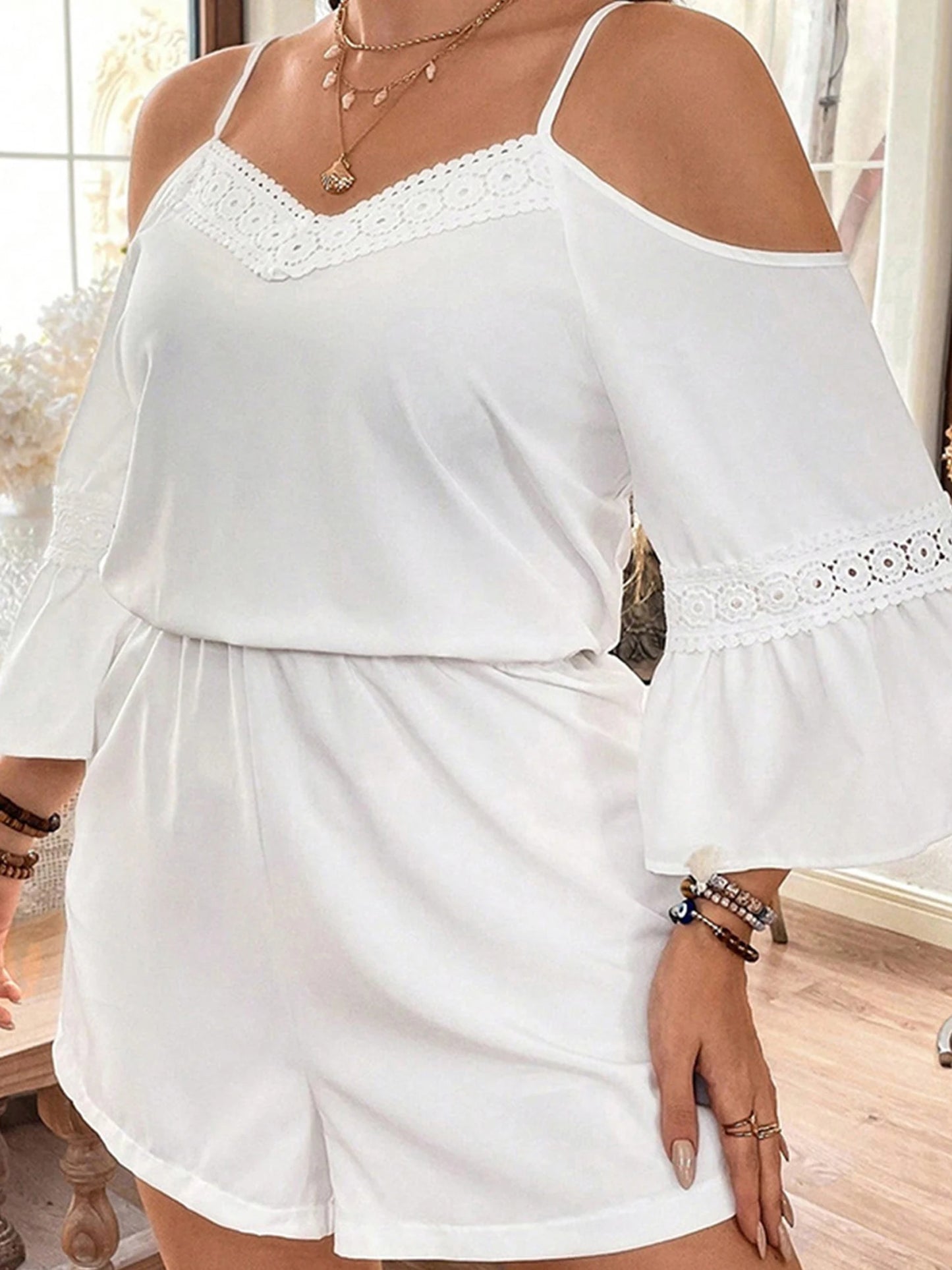 Craft Jumpsuit Lace Trim Cold Shoulder V Neck Sleeves
