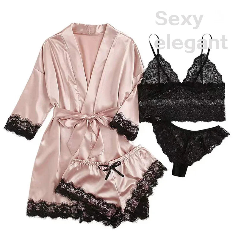 4 Pieces Women's Sleepwear Pajamas Set with Robe Sexy Lace Lingerie Bathrobe Silk Satin Home Nightwear Robe