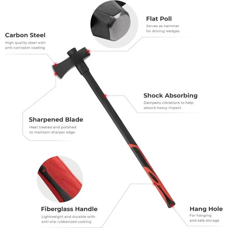 Heavy Duty Splitting Maul 36 Inch Wood Splitter Axe 6 lb Shock Absorbing Fiberglass Anti Slip Handle
