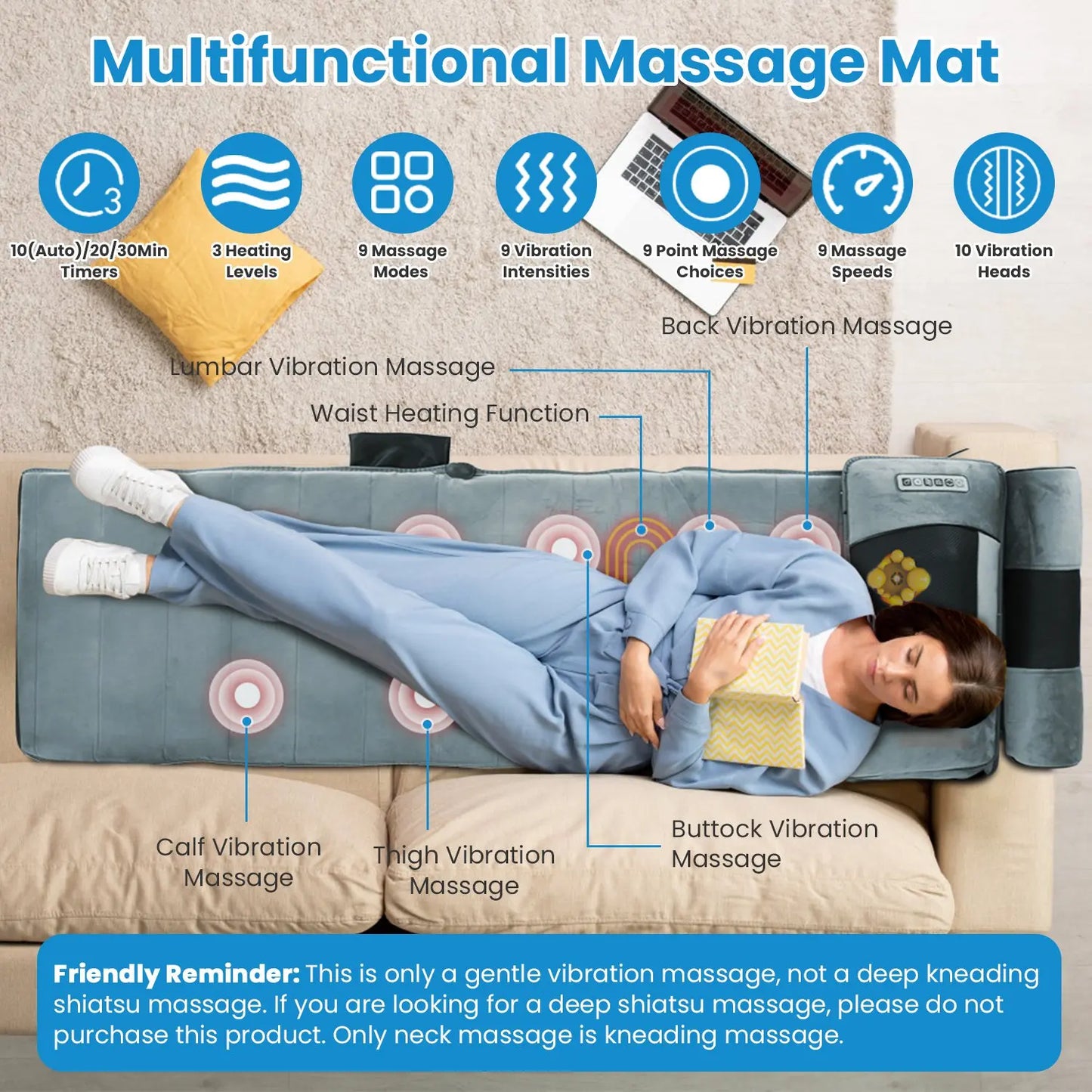 Foldable Electric Massage Mat with Heat Timer Adjustable Vibration Massage Pad for Back, Neck, Foot for Home Office Use