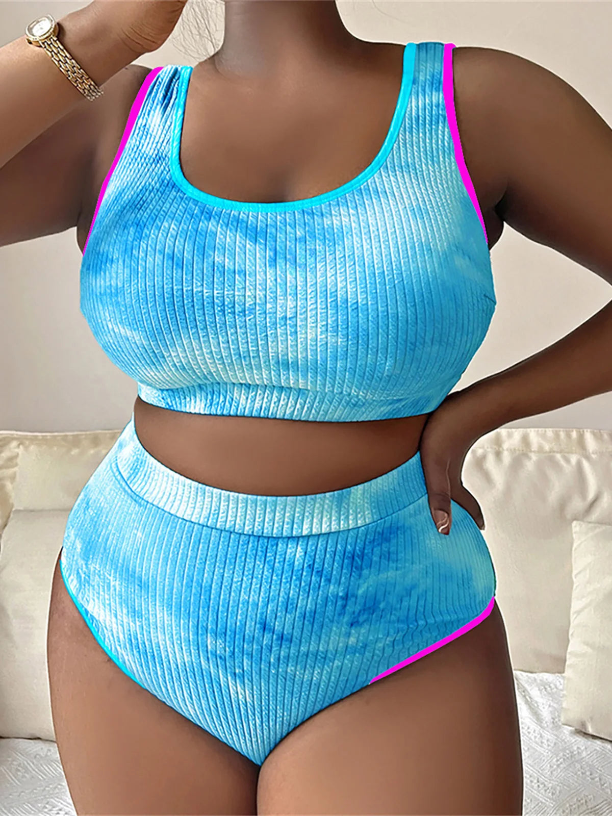 0XL to 4XL New Tie Dye Bikini Large Size Swimwear Plus Size Women Two-Piece Bikini Set Bather Bathing Suit V5948