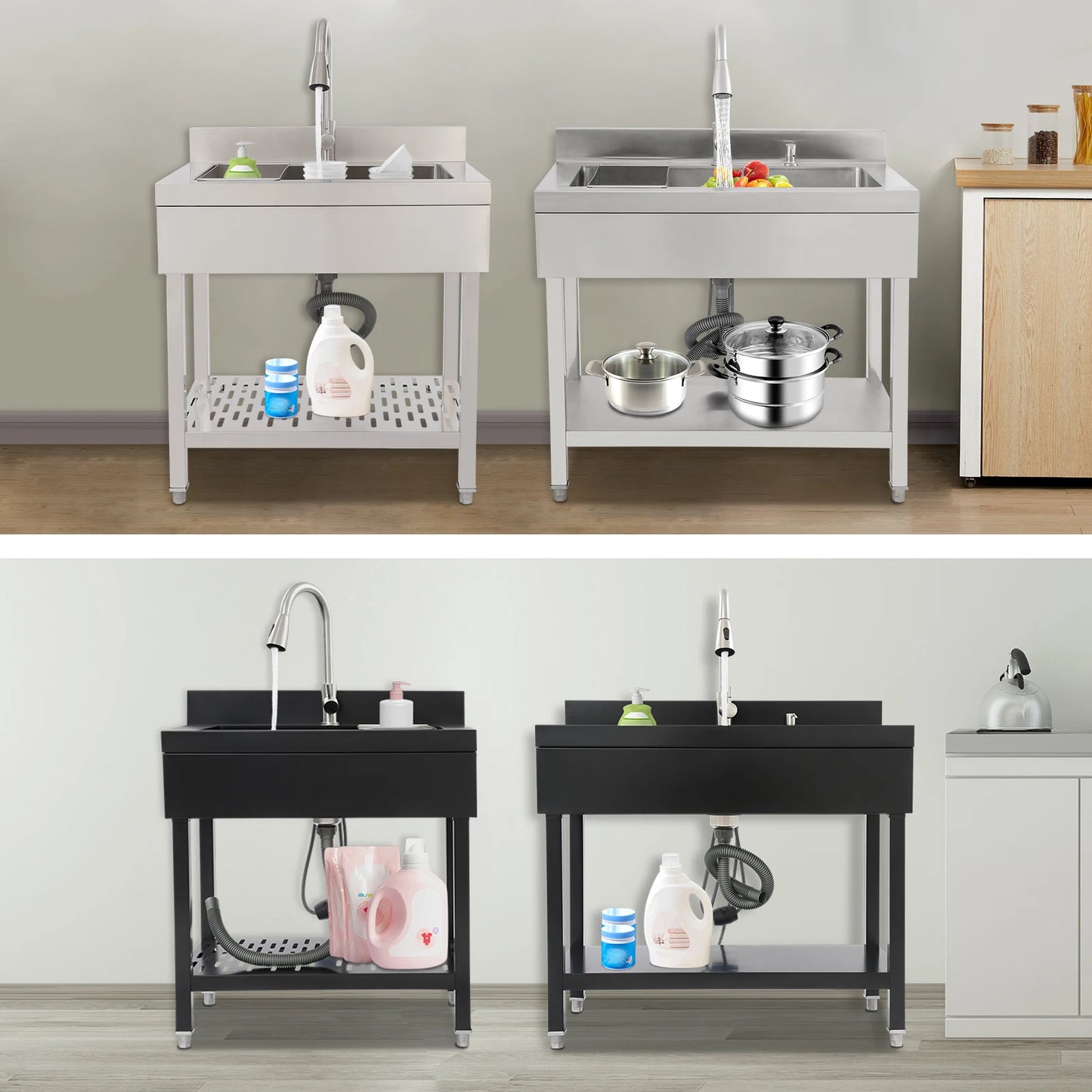 Freestanding 75*42cm/55*36cm Stainless Steel Utility Sink, Laundry&Utility Room Sinks, Rectangular Single Bowl Black/Silver