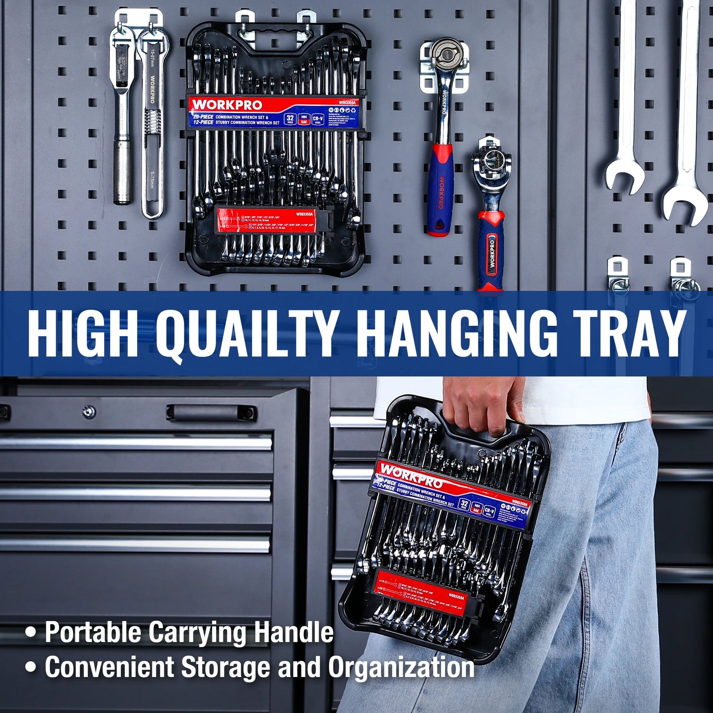 Workpro 32 Piece SAE and Metric Combination Wrench Set with 20 Piece Standard Wrenches and 12 Piece Stubby Wrenches Organizer