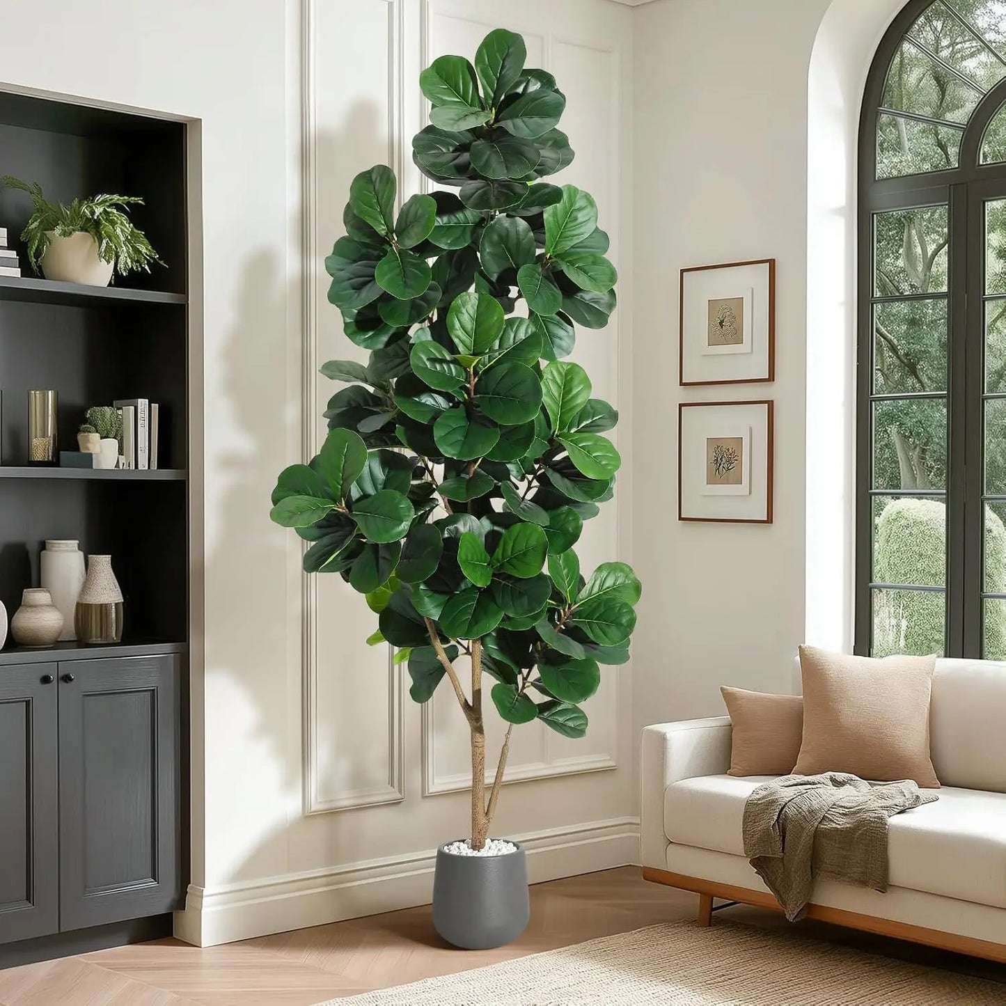4FT/5FT/6FT/7FT Fiddle Leaf Fig Tree Artificial with Leaves, Realistic Faux Ficus Lyrata Trees in White Planter Pot, Home Decor