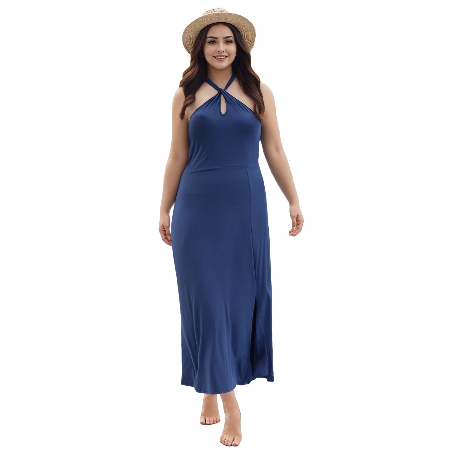 Elegant Plus Size Halter Dress Sleeveless A-Line Cut for Daily Wear Parties Clubs Travel