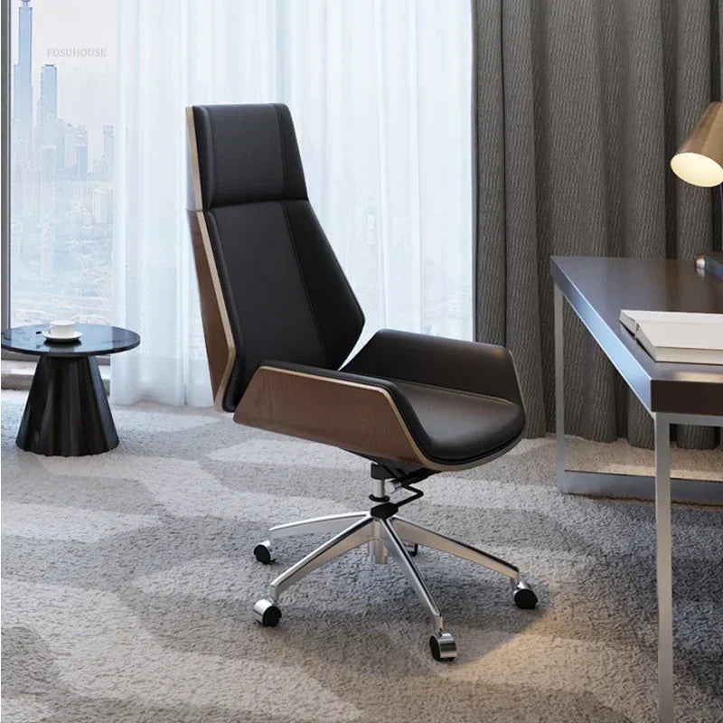 Modern Wooden Swivel Chair Home Leisure Leather Computer Chair Luxury Gaming High Back Office Chair Bedroom Furniture
