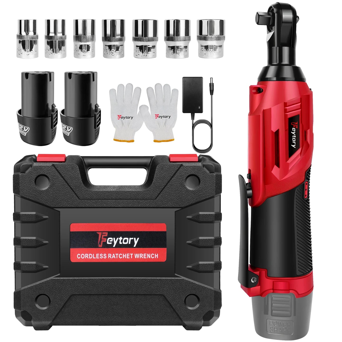 Feytory 200Nm High Torque 90 Degree Cordless Ratchet Wrench Set 3/8 Inch Angle Wrench with 2 Durable 1500mAh Lithium Ion Batteries and 7 Piece Socket Set