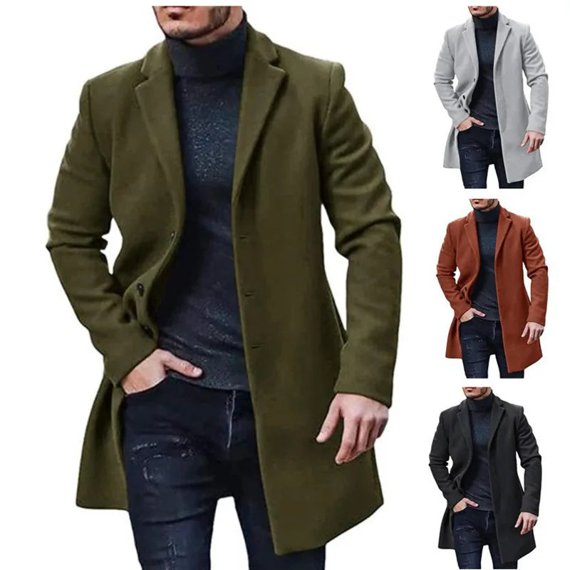 Warm Men's Woolen Coat Pure Color Medium-Length Windbreaker Outerwear in Various Colors And Sizes European Sle Autumn Faion