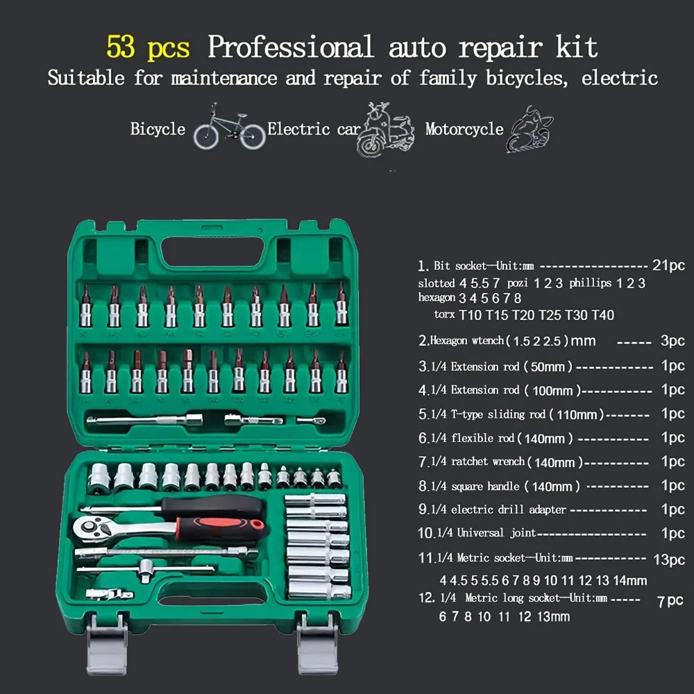 53pcs, 1/4 Inch Drive Socket Ratchet Wrench Set, Bit Socket, Metric And Extension Bar Set For Automotive Repair﻿