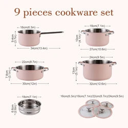 Stainless Steel 9pcs Pot Set, Including 1 Milk Pot, 2 Stockpots, 1 Non-Stick Pan, 4 LIDS And 1 Steamer Pink Shipping From USA