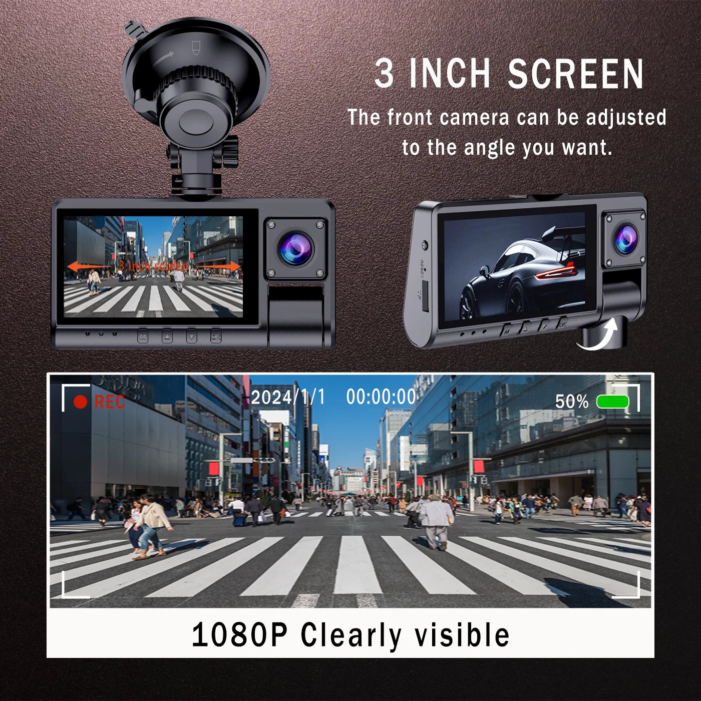 3 Channel Full HD Car Dash Cam with Night Vision Loop Recording and Motion Detection