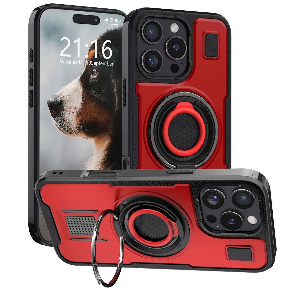 For iPhone 16 16 Plus 16 Pro 16 Pro Max Hybrid Shockproof Case with Double Ring Kickstand Rugged Hard Slim Thin Cover Red