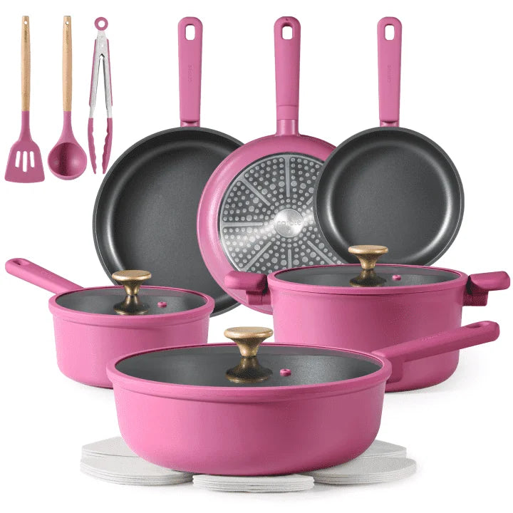Kitchen Cookware Sets, Nonstick Pots and Pans Set, Induction Cookware, 17 Pcs, Rose Pink