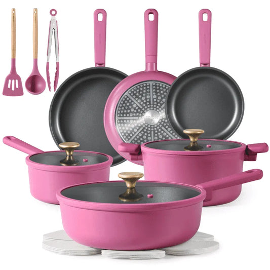 Kitchen Cookware Sets, Nonstick Pots and Pans Set, Induction Cookware, 17 Pcs, Rose Pink