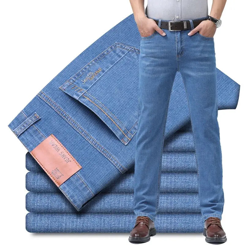 Summer Thin Men's Elastic Cotton Jeans Comfortable Business Casual Pants Fashion Blue Trousers