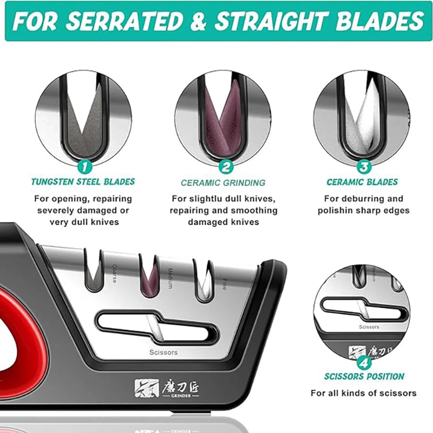 Four in one kitchen sharpener restores serrated blade knives and scissors, diamond tungsten steel ceramics