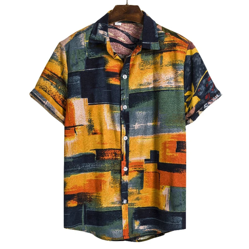Men's Cotton Polyester Summer Short Sleeve Shirt Boho Geometric Pattern Hawaiian Beach Male Shirts Casual Blouse For Men
