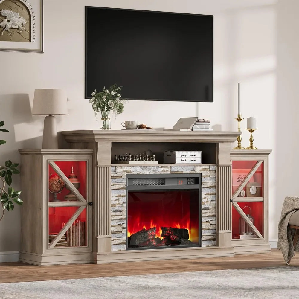HUANZHUANG Electric Fireplace TV Stand With Glass Doors
