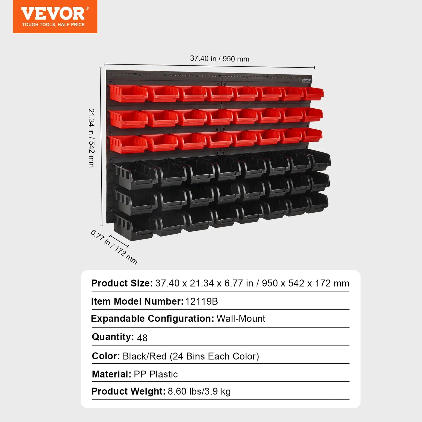 VEVOR Wall Mounted Storage Bins 30 48 Bin Parts Rack Organizer with Wall Panels Hooks Plastic Shop Tool for Screws Nails