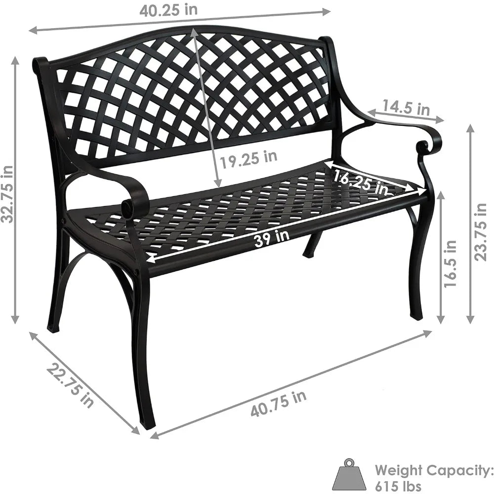 2 Person Cast Aluminum Garden Bench with Checkered Design 615 Pound Weight Capacity 39 Inch Wide Black
