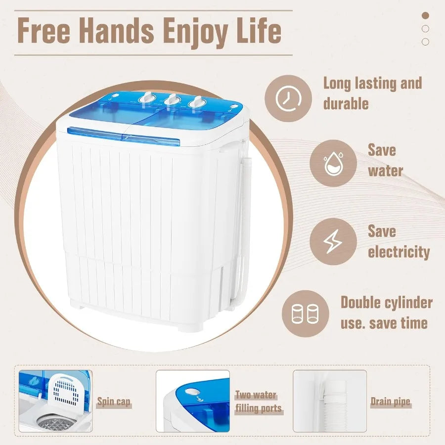 Portable Washing Machine16 lbs Mini Washer and Spin Dryer Combo Built-in Gravity Drain Compact Laundry Washer with Drain Pump T