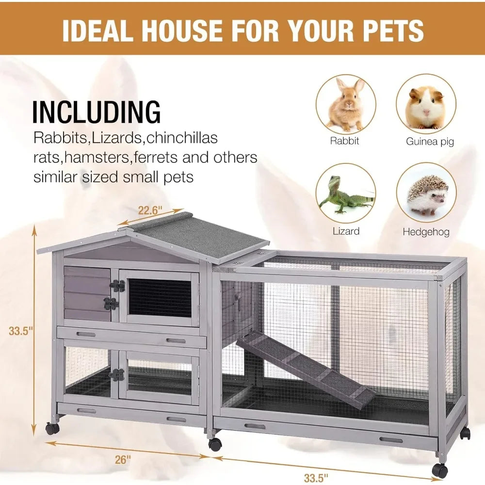 Bunny Cage Indoor and Outdoor Rabbit Hutch with Casters Waterproof Roof and Pull Out Tray