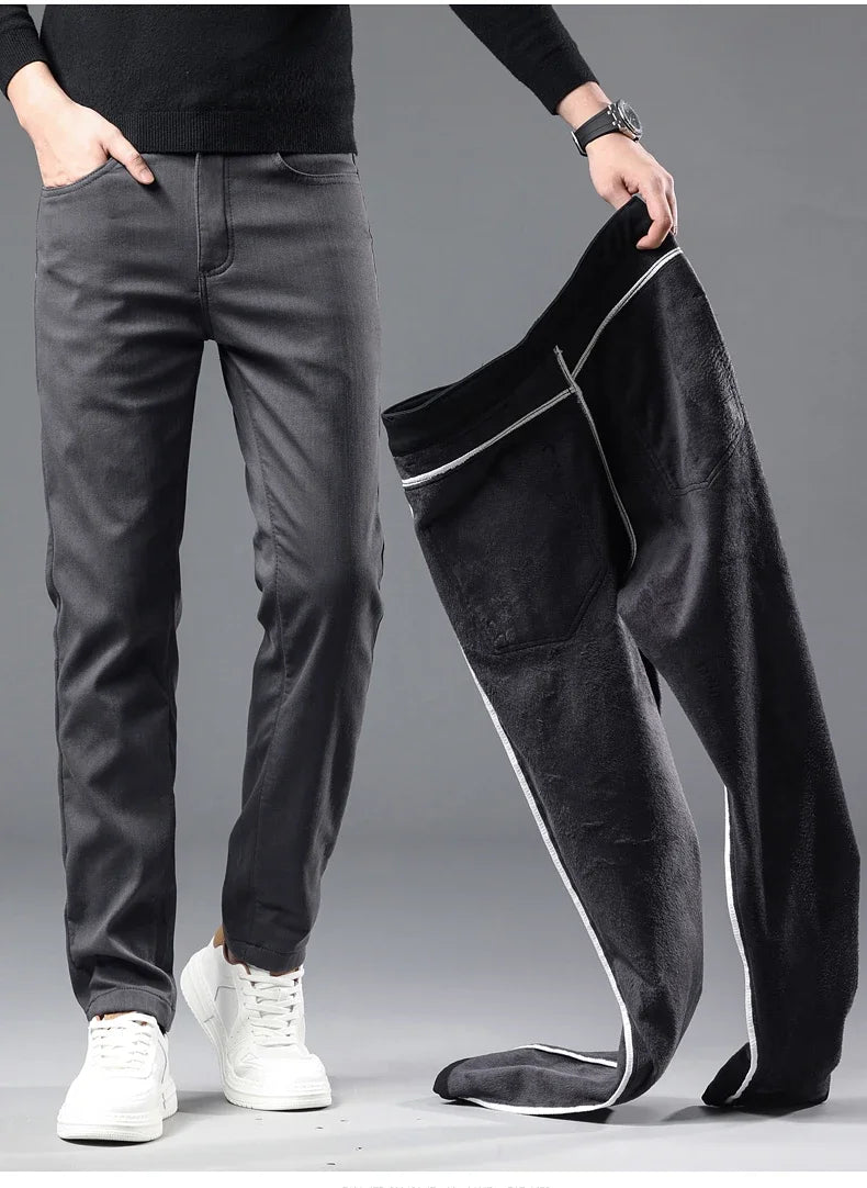 Winter New 2025 Fleece Pants Men's Thick Slim Elastic Business Casual Velvet Pants Warm Fashion Solid Color Plush Trousers Male
