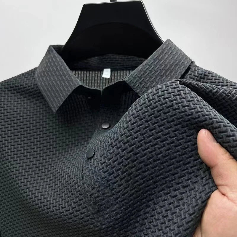 New Men's Business Casual Short Sleeve Bone Flower Solid Color Polo Shirt Breathable Comfortable Summer Versatile Top
