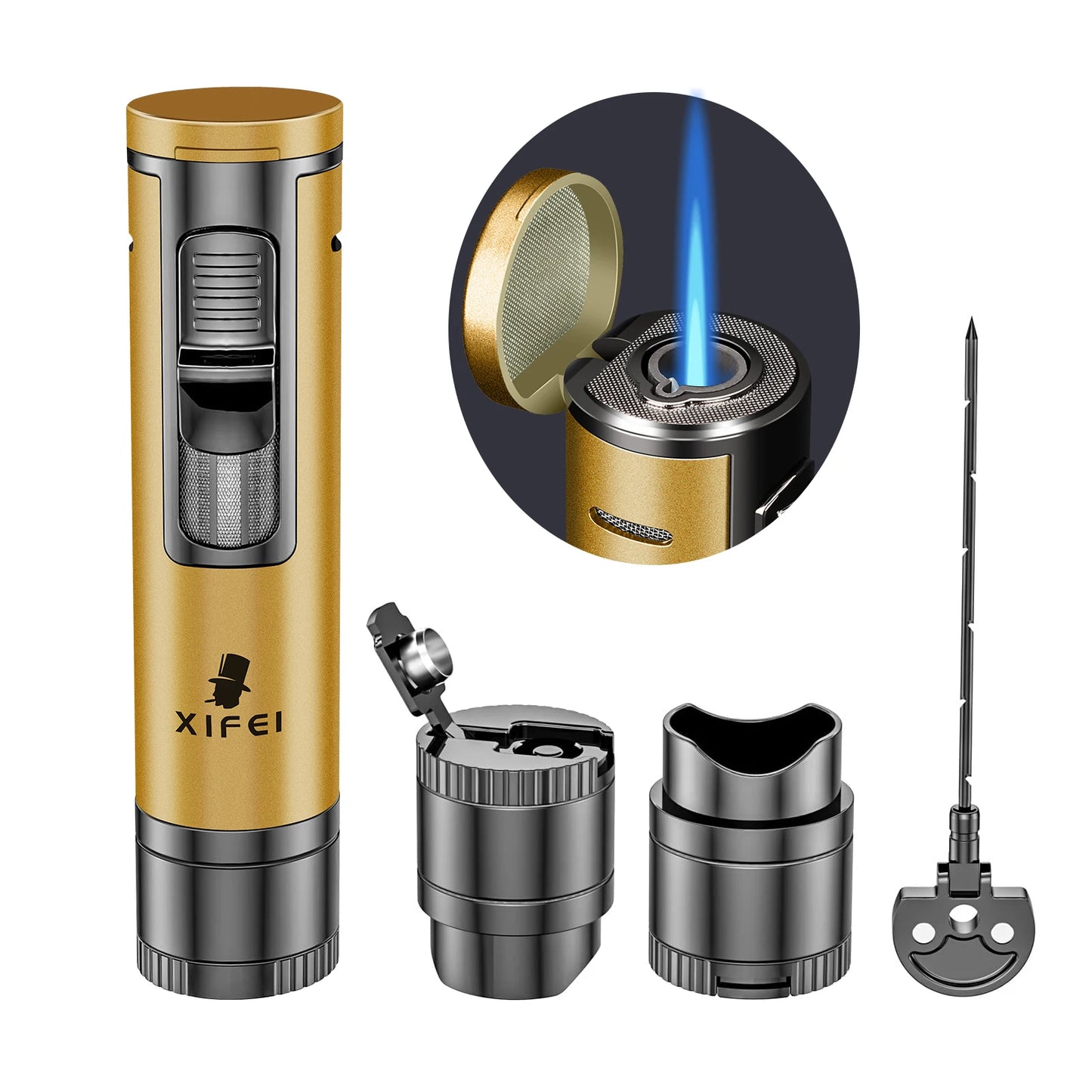 Xifei Cigar Lighter Torch W/ Puncher Holder Aeration Tool Needle Windproof Aansteker Metal Esqueiro Maçarico Smoking Accessories