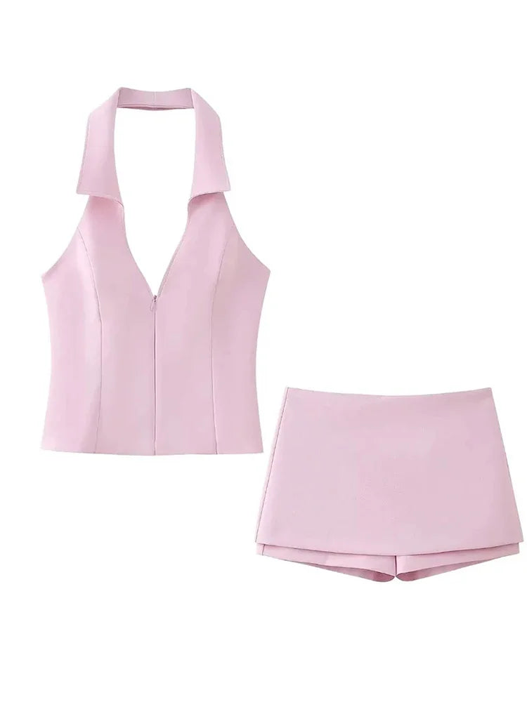 Fashion Pink Shorts Set for Women Sexy V Neck Sleeveless Tops Slim Hip Package Skirt 2024 Spring Summer New Ladies Suit