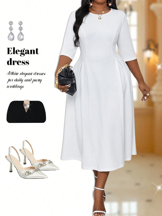 Elegant White Plus Size Midi Dress with 3/4 Sleeves for Weddings, Parties & Daily Wear