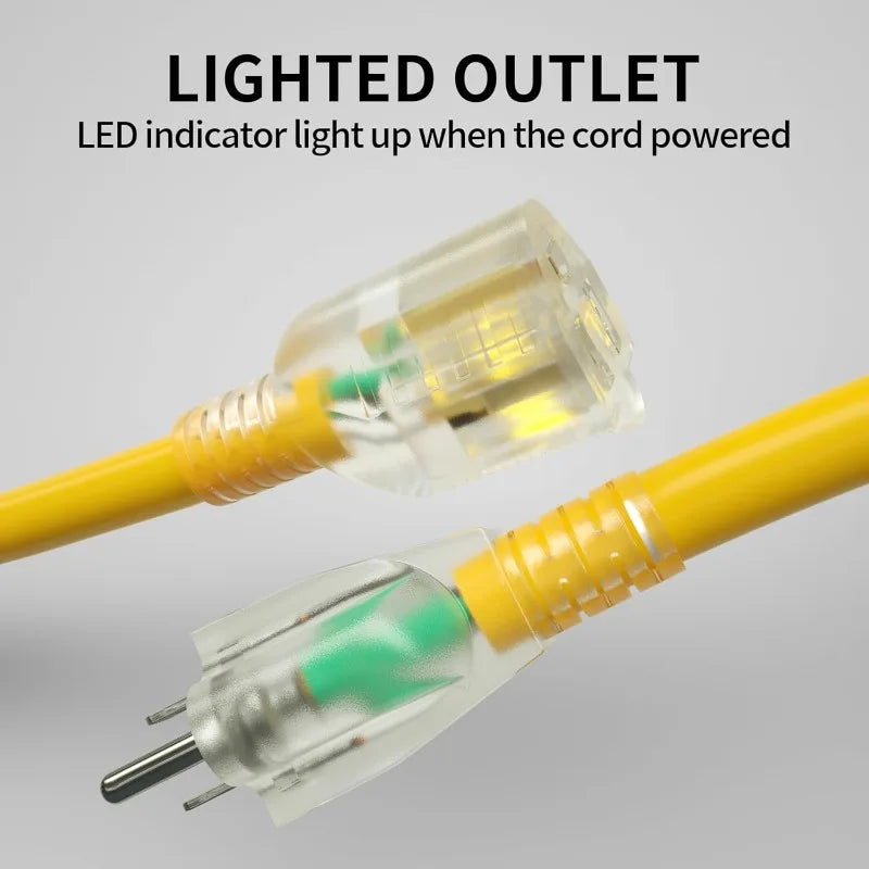 100 Ft 10 3 Outdoor Extension Cord Waterproof Heavy Duty 10 Gauge 3 Prong Flexible Cold Resistant Long Power Cord with Lighted Indicator End 15 Amp 1875W SJTW Yellow ETL Listed