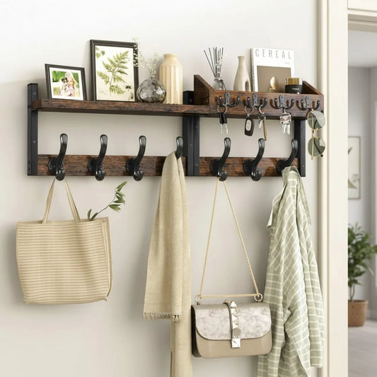 29" Wall Mounted Coat Rack with Shelf, 4-in-1 Entryway Organizer with 11 Metal Hooks and Mail Holder, Rustic Brown