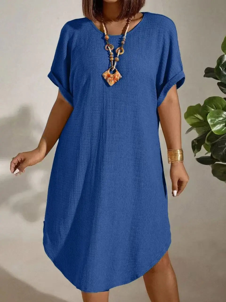 Casual Short Sleeve Round Neck Pure Color Dress for Women Spring Summer Knee Length Fashion