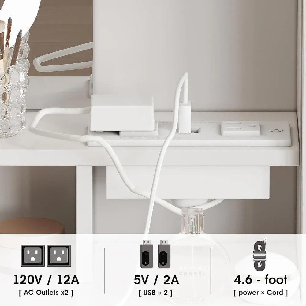 Vanity Desk with HD LED Mirror White Makeup Table with Large Jewelry Cabinet and Ample Storage Shelves 3 Drawers and Cabinets