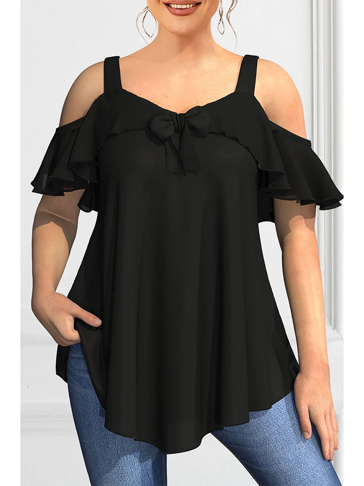 Plus Size Blouse for Women Elegant Cold Shoulder Ruffle Tops Loose Fit Solid Color Blusas 0XL to 5XL