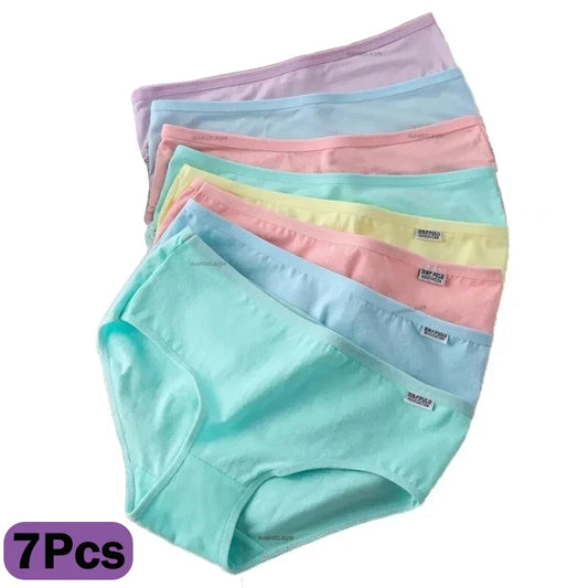 7Pcs Plus Size Cotton Underwear for Women Breathable Soft Briefs Cute Solid Color Lingerie