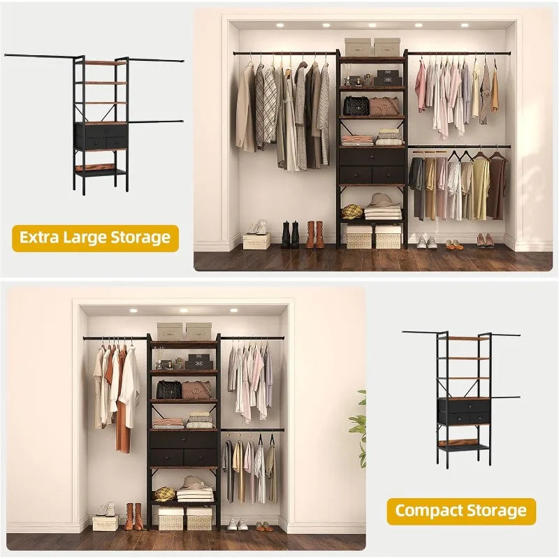 Adjustable Closet System with Drawers Three Hanging Rods and Five Shelves Heavy Duty Storage Organizer for Home Bedroom and Closet