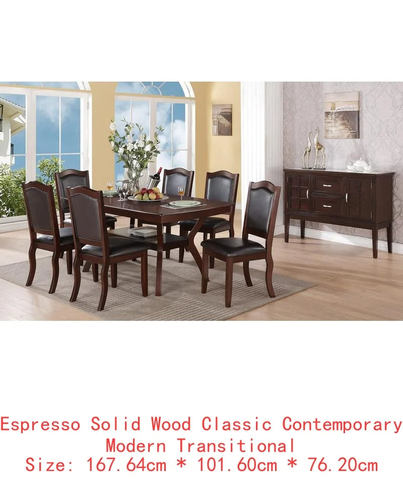 7pc Formal Dining Set with Solid Wood Table, Shelve & 6 Chairs in Espresso Finish