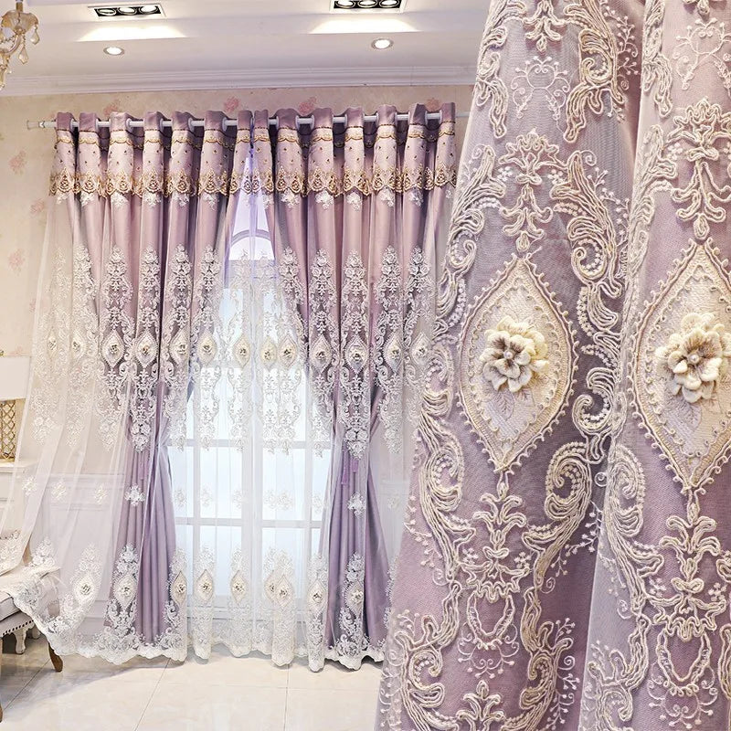 1PC Curtains,Luxury vintage-style embroidered curtains with 3D relief patterns, dual-layer design for privacy and light control