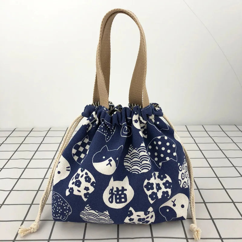 Japanese Cute Bento Bag Tote Canvas Lunch Bag Cartoon Anime Drawstring Bag Foldable for Two Lunch Boxes