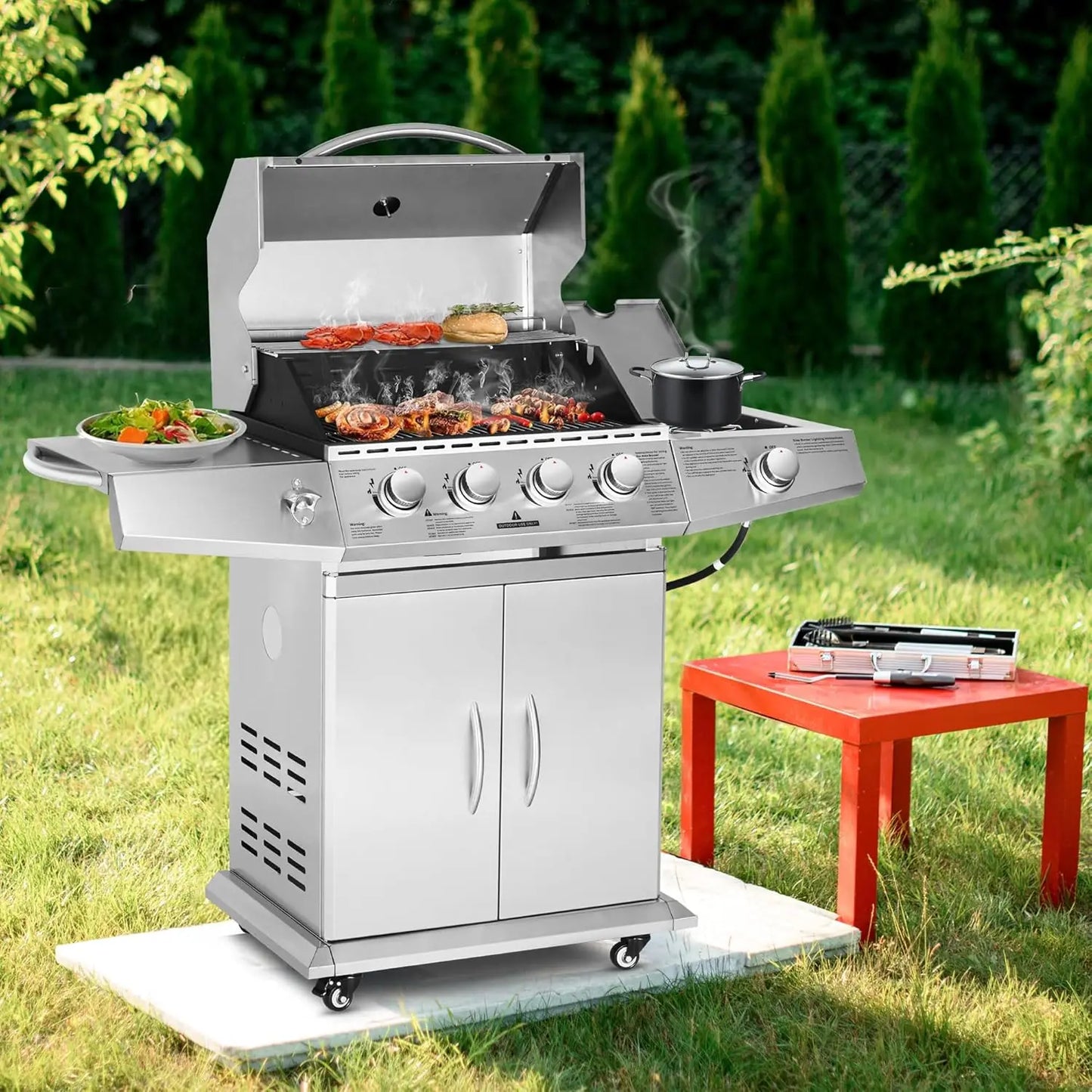 Propane Gas Grill 4 Burners with Side Burner Stainless Steel Grill Cart with Wheels for Outdoor Patio Garden Backyard Cooking