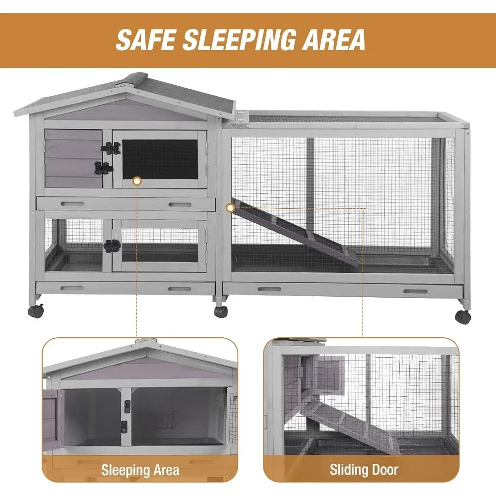 Bunny Cage Indoor and Outdoor Rabbit Hutch with Casters Waterproof Roof and Pull Out Tray
