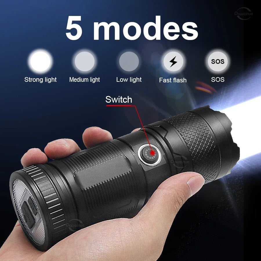 High Power Led flashlight Strong Light Rechargeable Torch Portable Handheld Flashlight Long Range 5km COB Light Camping Hiking